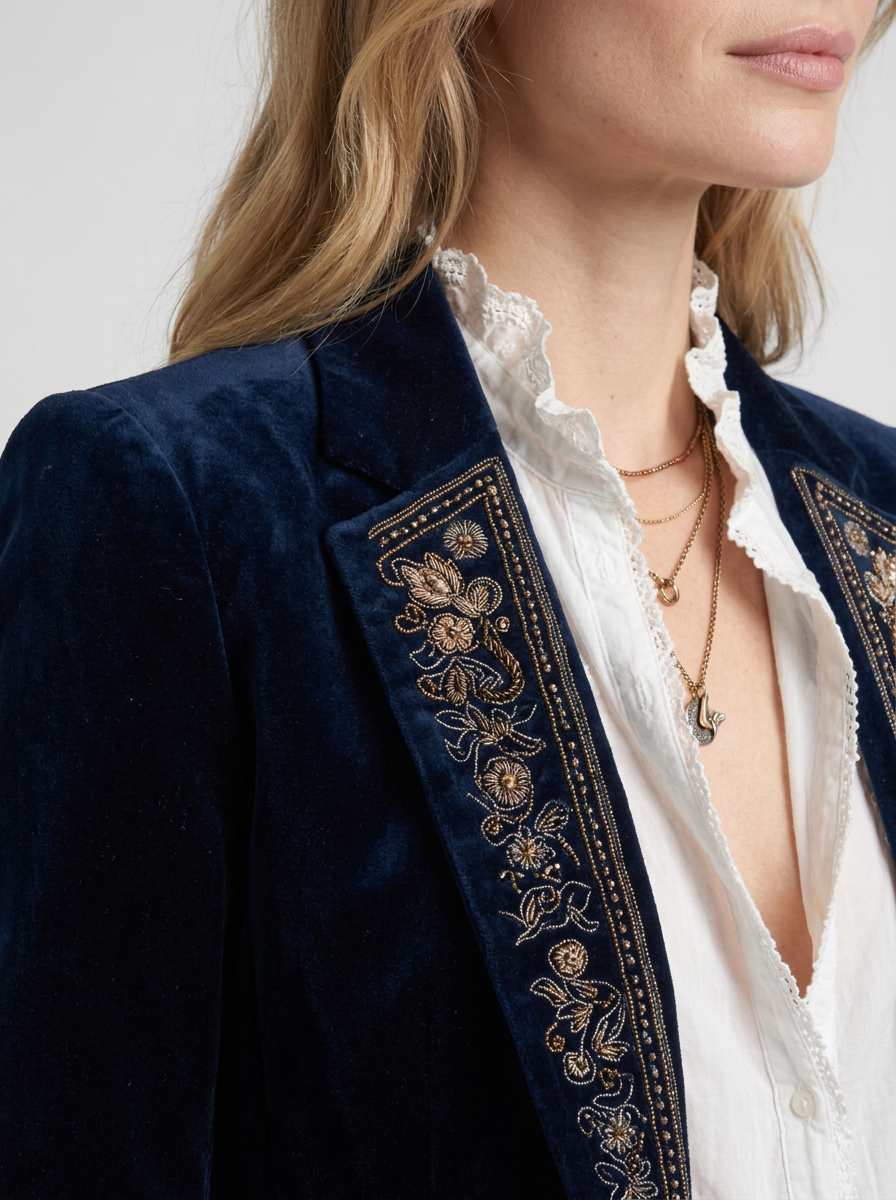 Navy Blue Long Jacket with Embroidery for Women