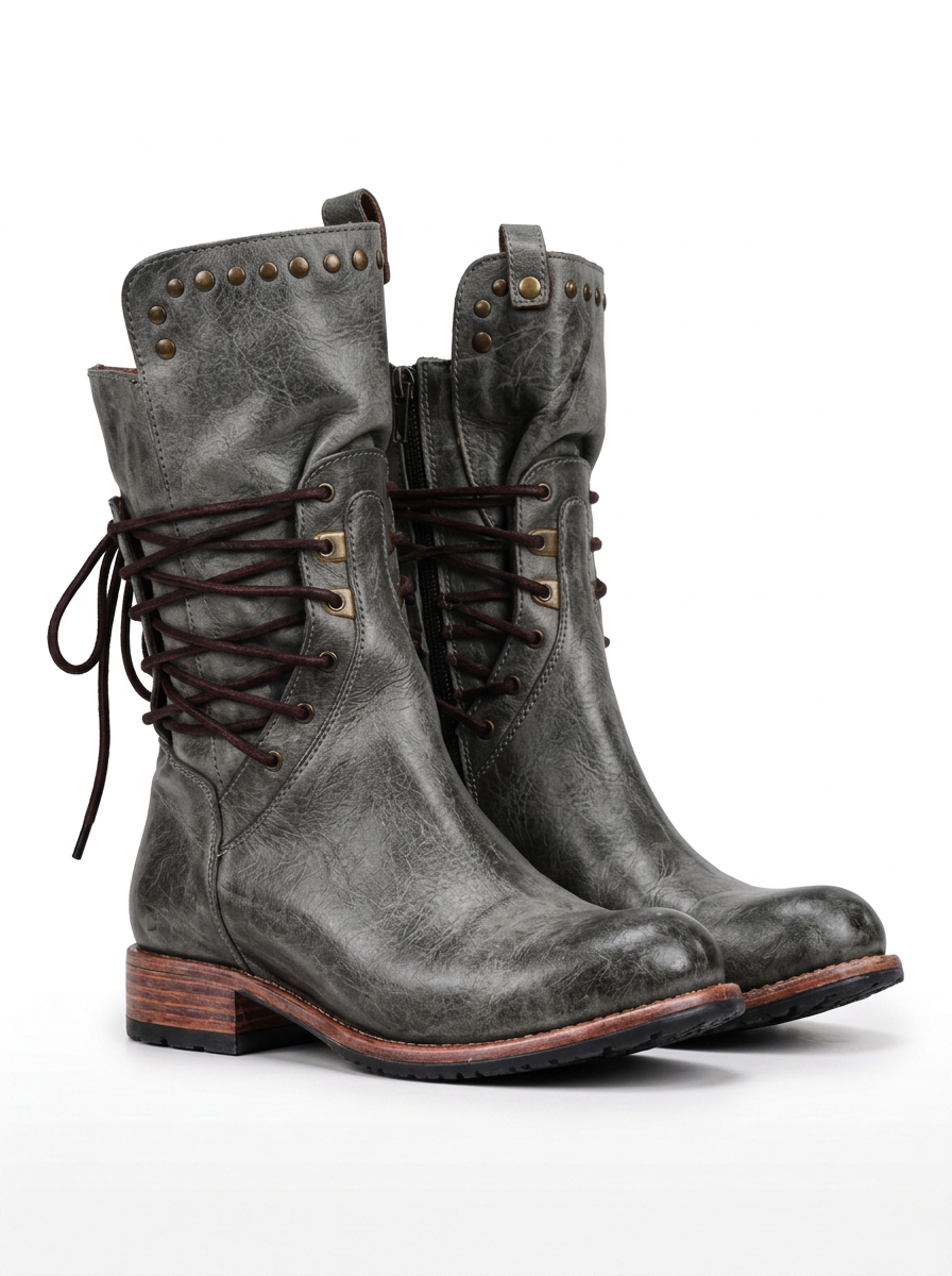 Western Lace-Up Ankle Boots with Metallic Studs and Small Heel for Women