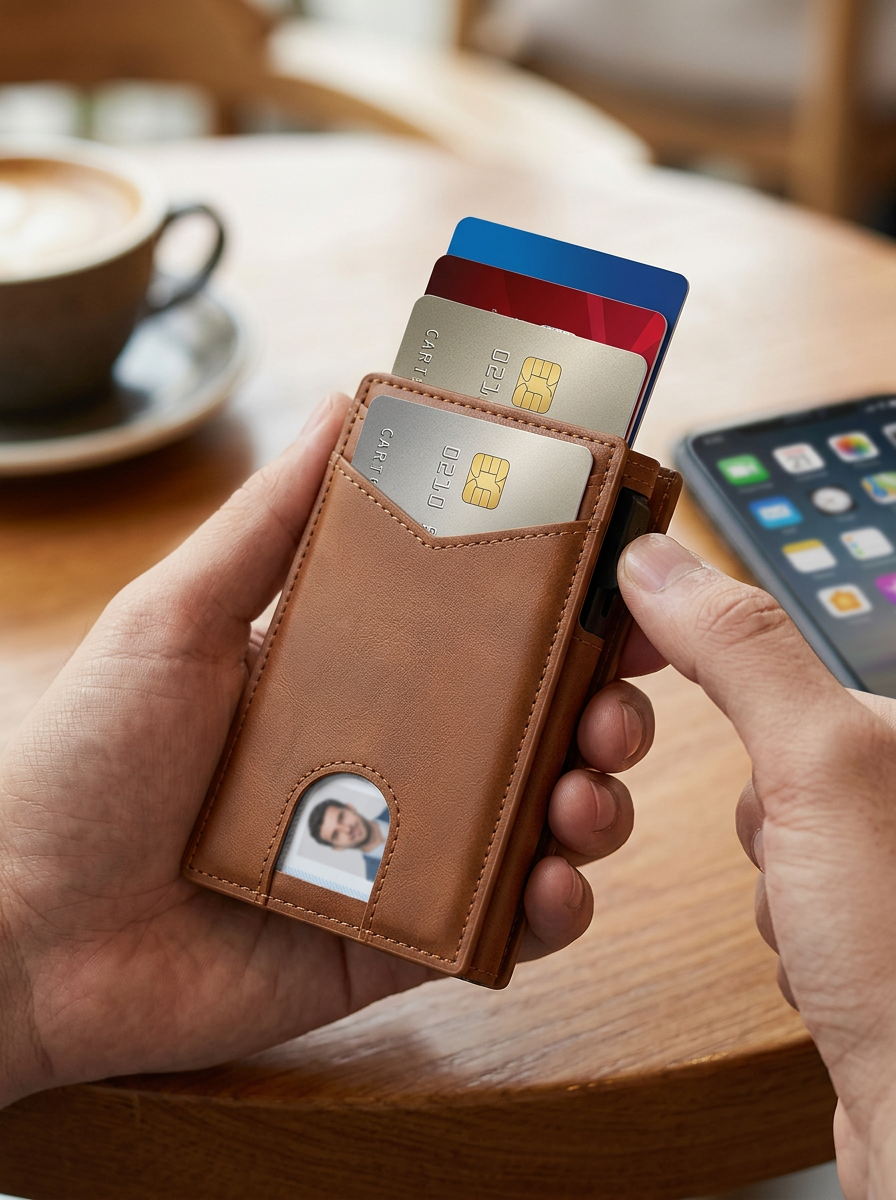 Slim RFID Aluminum Wallet with Pop-Up Mechanism for Men