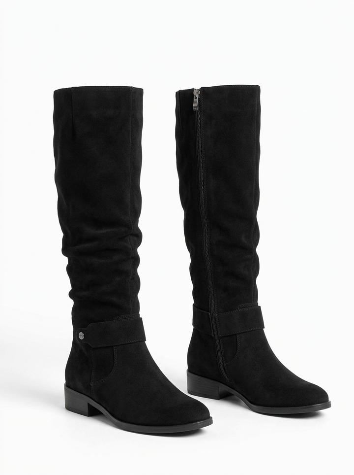 High Pleated Effect Block Heel Boots with Decorative Buckles for Women