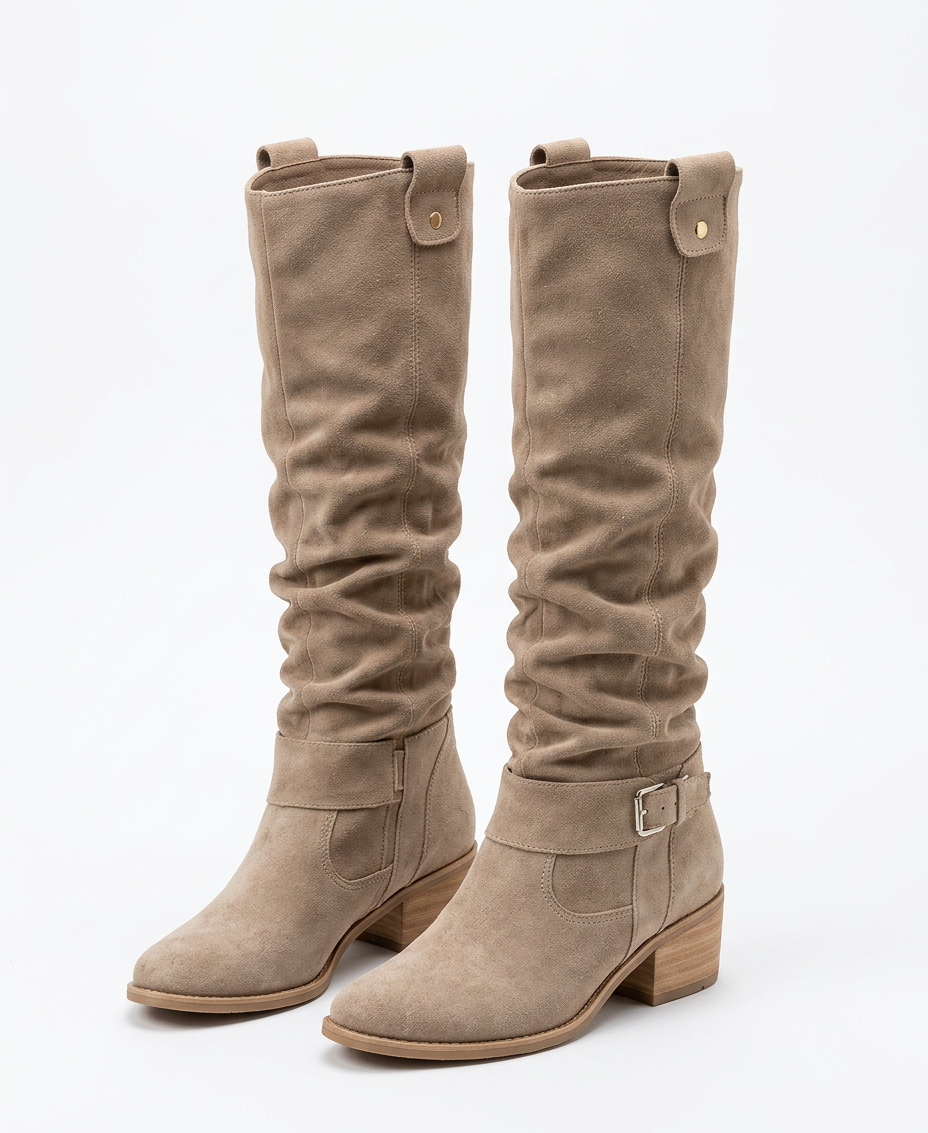 Beige High Boots with Suede Effect, Pleated Shaft, and Decorative Buckle for Women