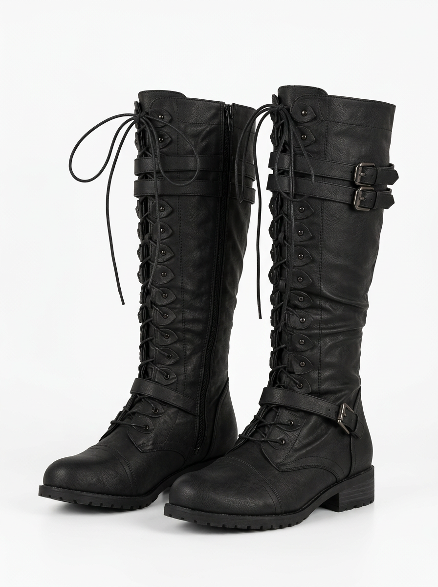 High Lace-Up Boots with Decorative Buckles and Chunky Sole for Women
