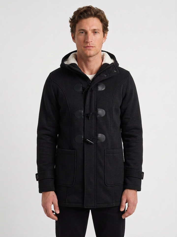 Long Sherpa-Lined Hooded Duffle Coat for Men