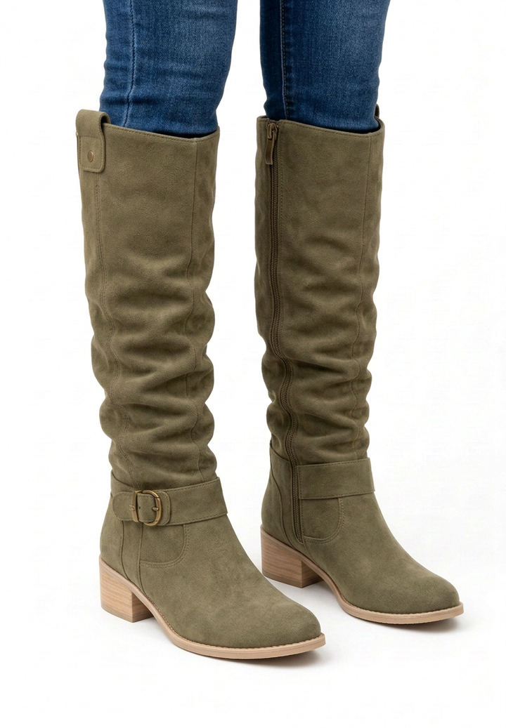 Beige High Boots with Suede Effect, Pleated Shaft, and Decorative Buckle for Women
