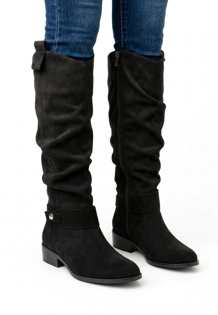 High Knee Boots with Pleated Shaft, Pointed Toe, and Small Heel for Women