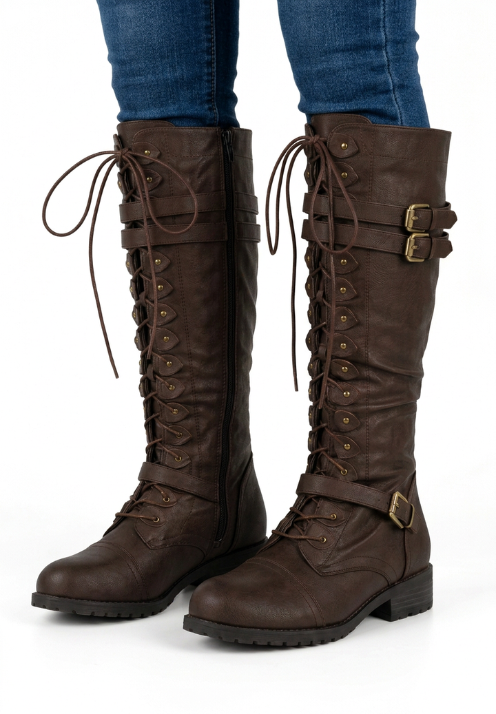 High Lace-Up Boots with Decorative Buckles and Chunky Sole for Women