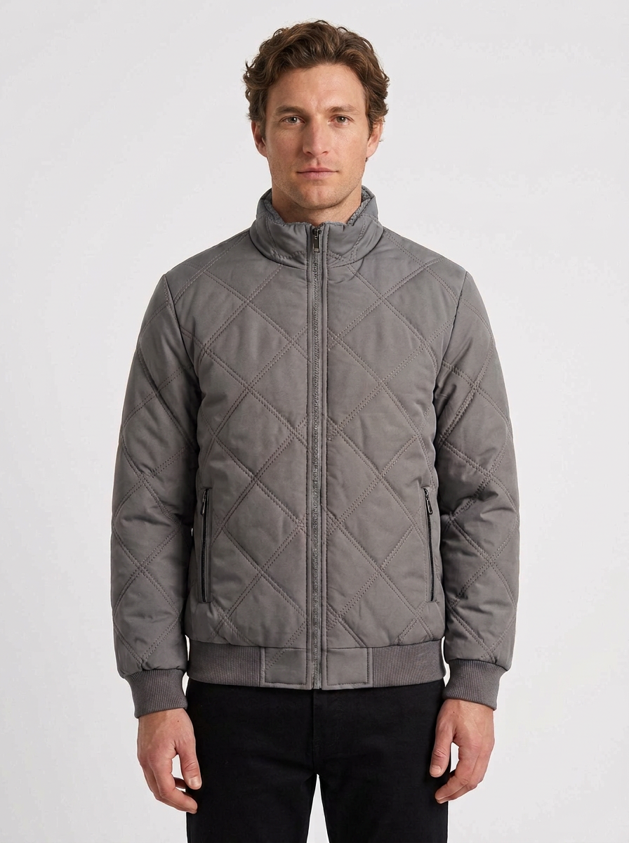 Diamond Quilted Jacket with High Collar for Men