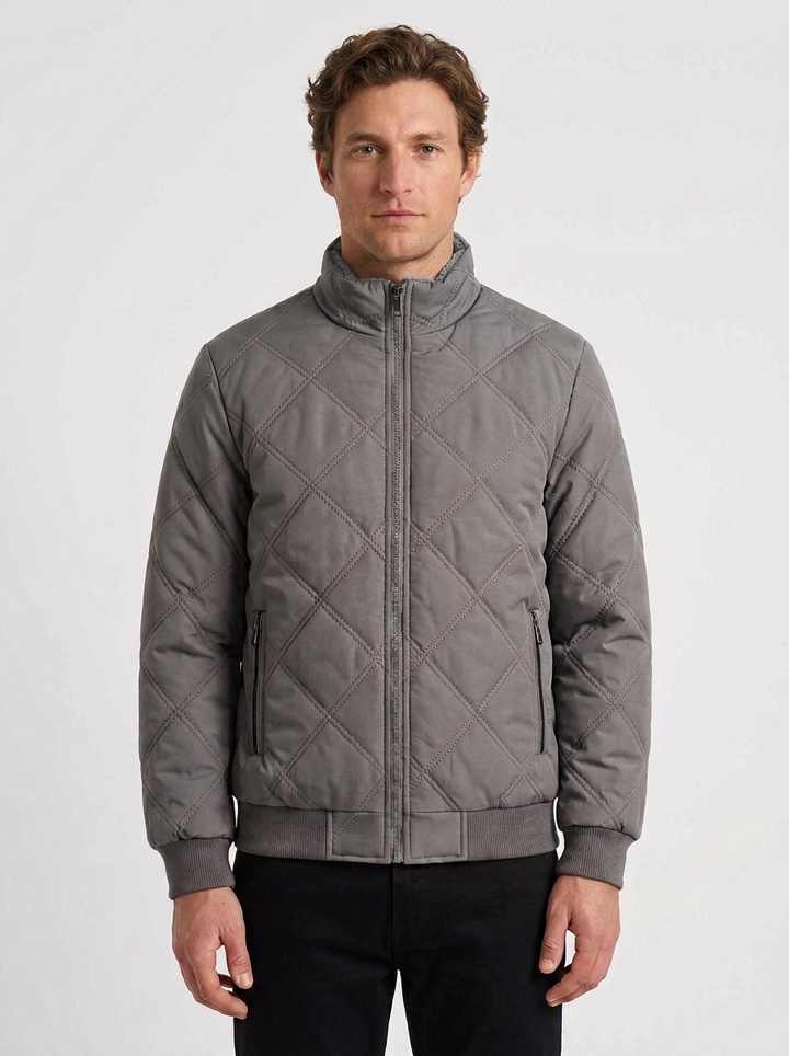 Diamond Quilted Jacket with High Collar for Men