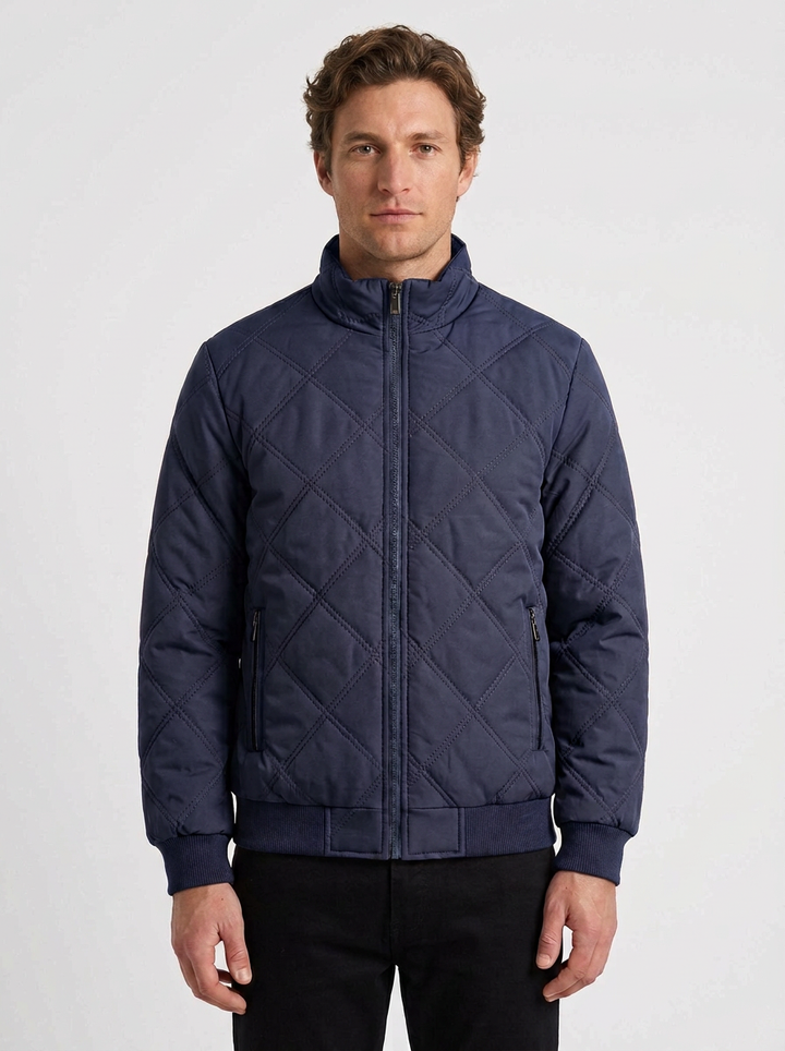 Diamond Quilted Jacket with High Collar for Men