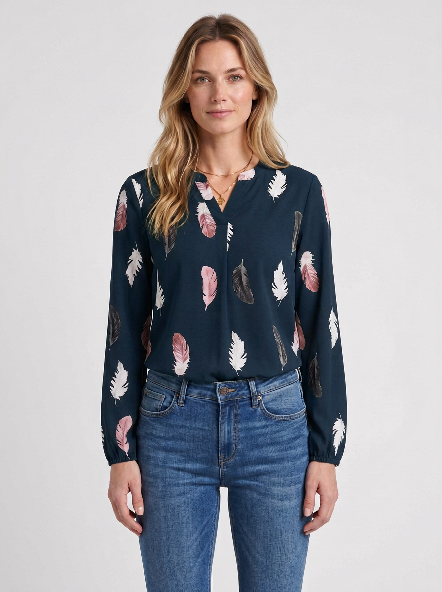 Feather-Print V-Neck Blouse For Women