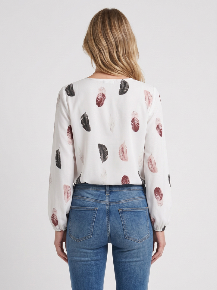 Feather-Print V-Neck Blouse For Women