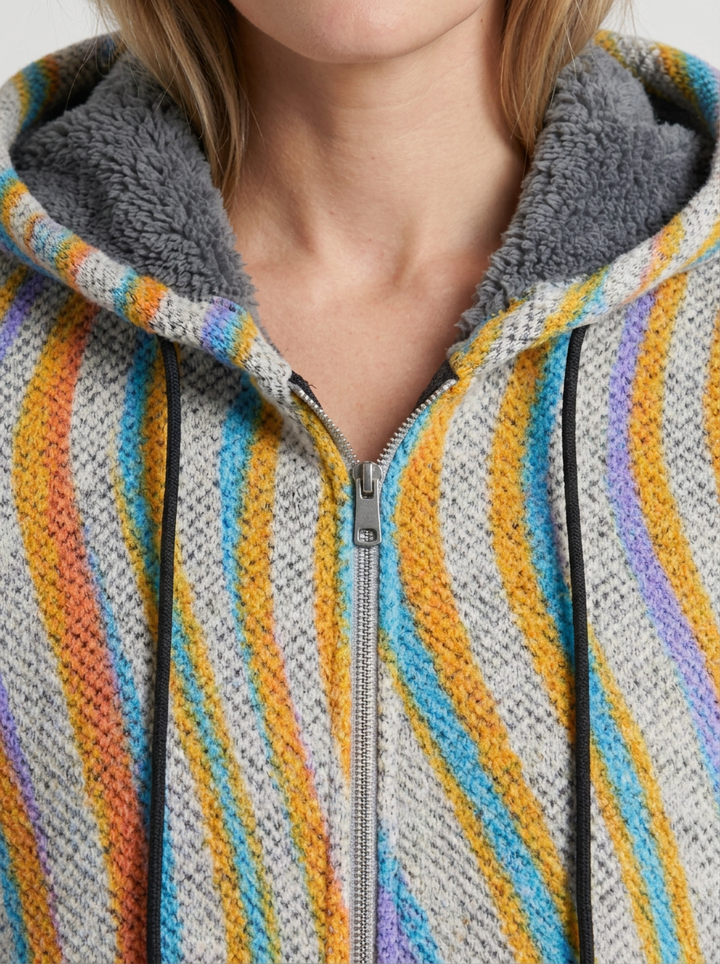 Long Hooded Zippered Cardigan with Subtle Striped Pattern for Women