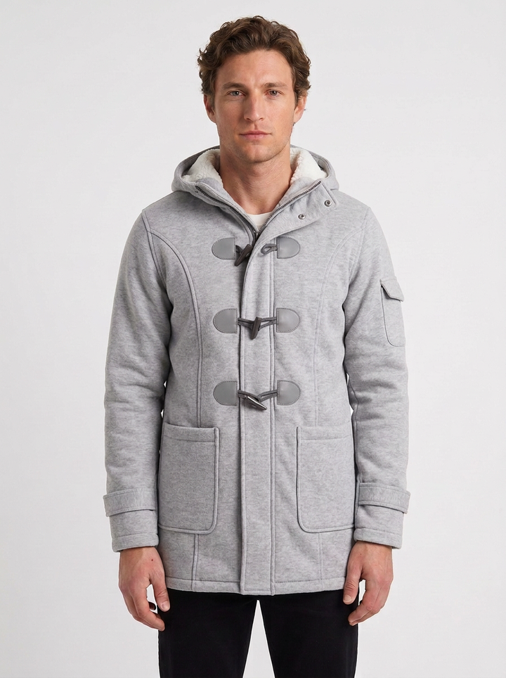 Long Sherpa-Lined Hooded Duffle Coat for Men