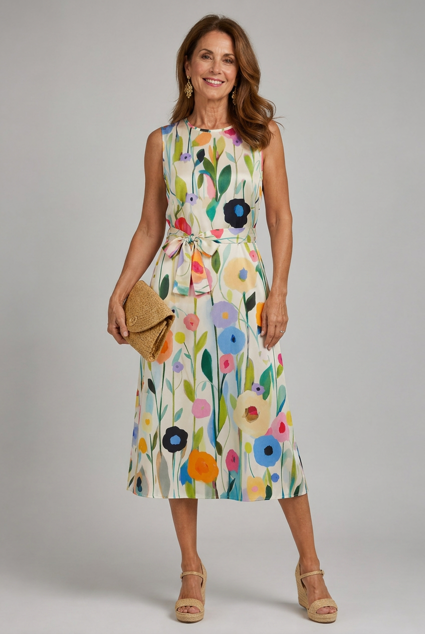 Women's Vibrant Floral Print Sleeveless Midi Dress