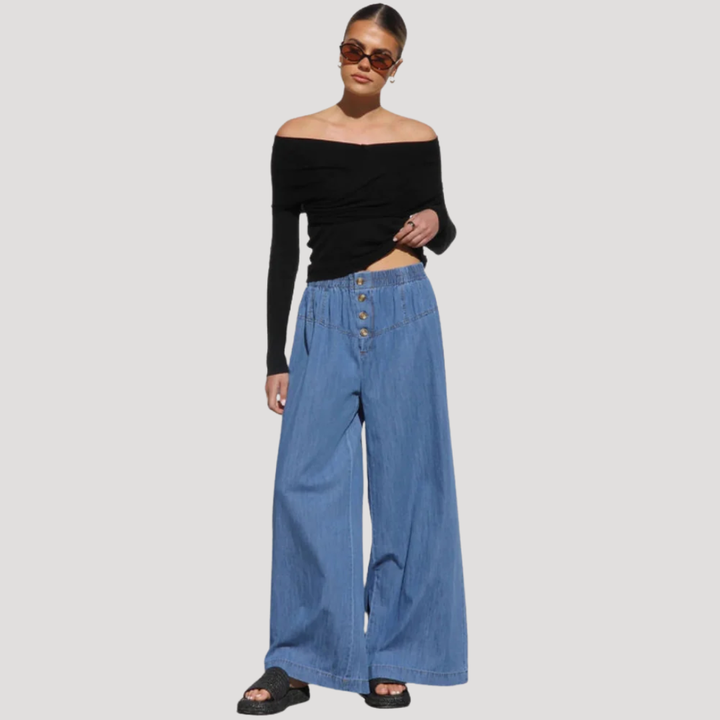 Wide Leg Women's Pants with Elastic Waistband, view 2 - Elena Harper