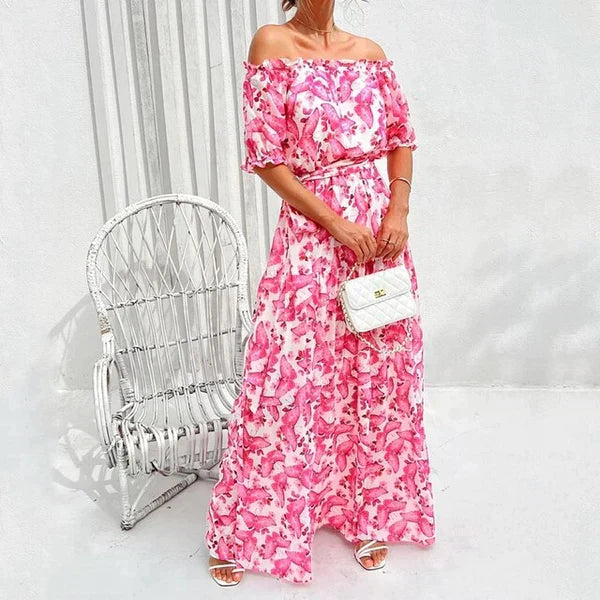 Floral Off-Shoulder Maxi Summer Dress for Women - Pink