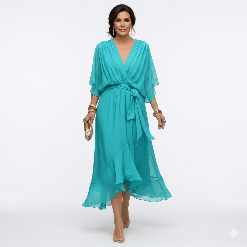 Zagda Elegant Midi Dress with V-Neck, view 6 - Elena Harper