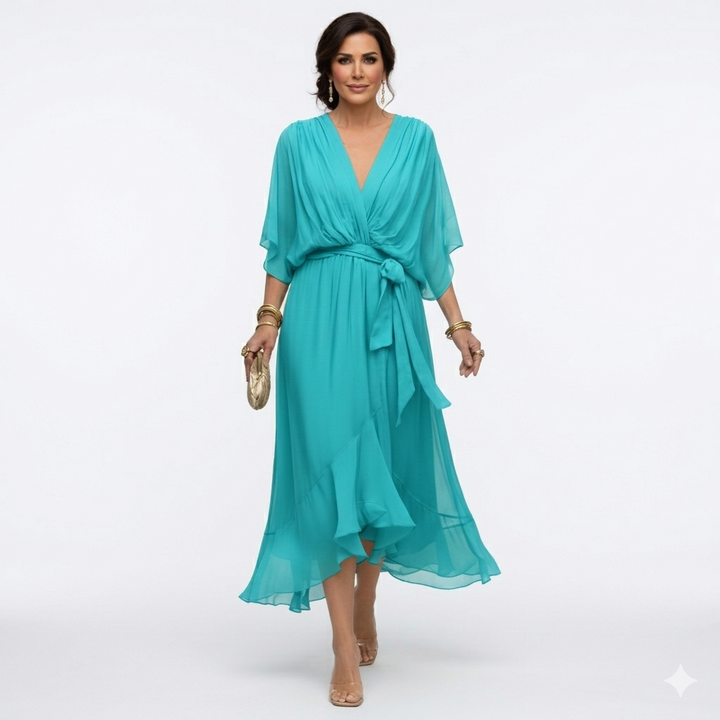 Zagda Elegant Midi Dress with V-Neck, view 6 - Elena Harper