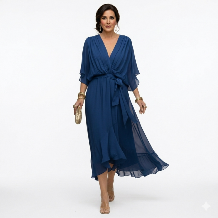 Zagda Elegant Midi Dress with V-Neck, view 3 - Elena Harper