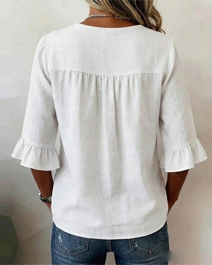 Janet V-Neck Blouse with Wooden Buttons and Ruffled Sleeves - Elena Harper