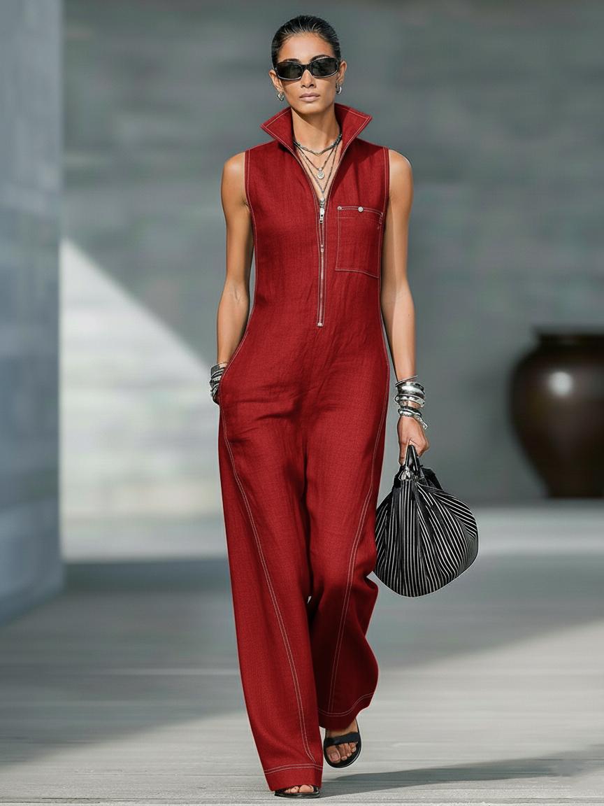 Women's Sleeveless Minimalist Jumpsuit with White Accents