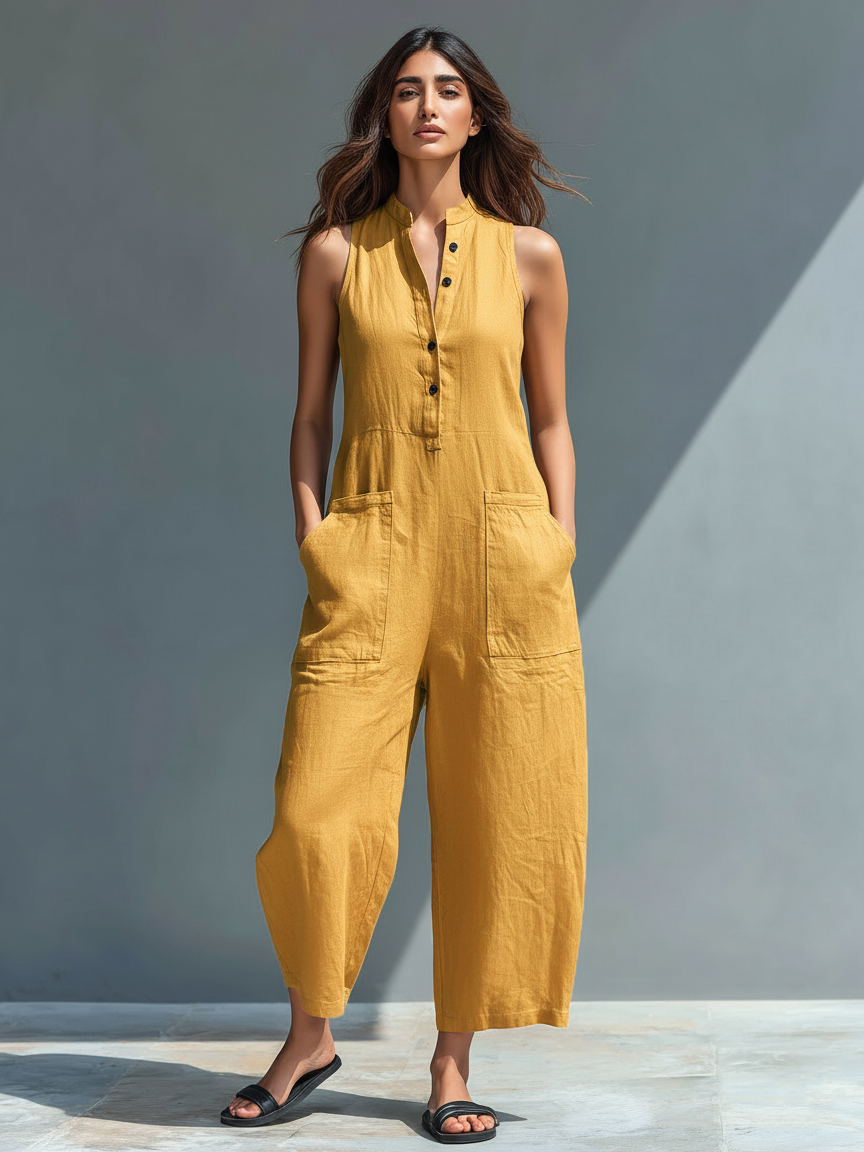 Sleeveless Linen Blend Overall with High Collar and Buttons for Women - Elena Harper