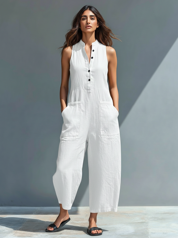 Sleeveless Linen Blend Overall with High Collar and Buttons for Women - Elena Harper