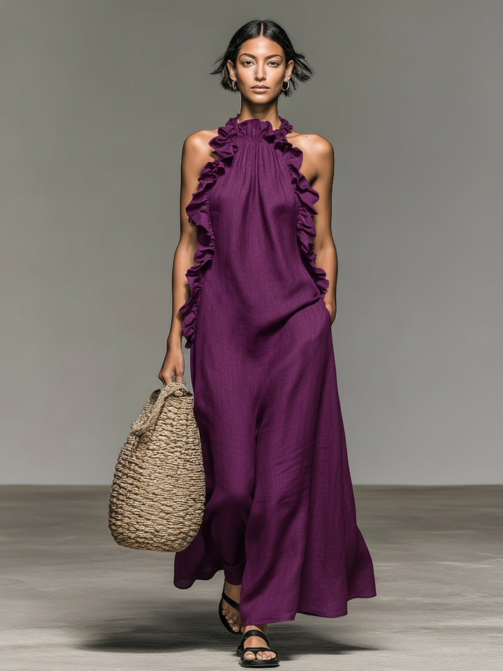 Women's Sleeveless Maxi Dress in Minimalist Linen Blend with Ruffle Details