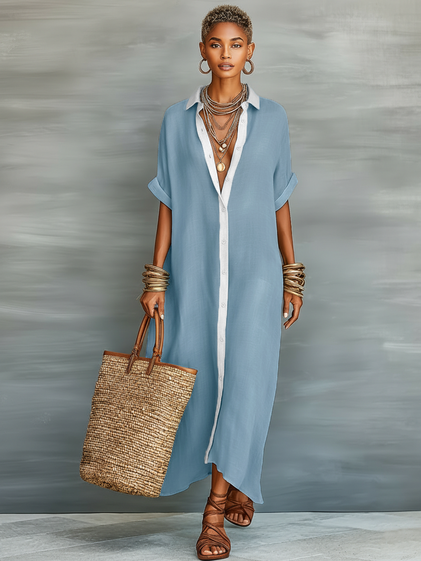 Women's Minimalist Linen Maxi Dress with Short Sleeves - Elena Harper