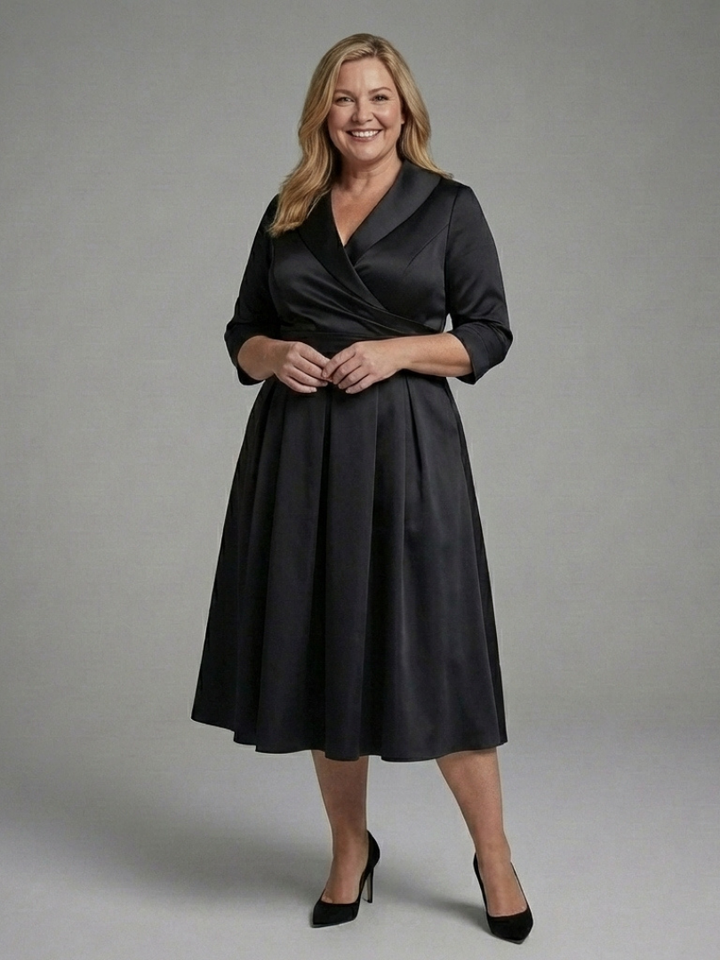 Women's Three Quarter Sleeve Wrap Bodice Midi Dress
