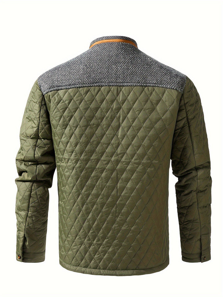 Men's Quilted Winter Jacket with Knitted Shoulder Insert and Stand-Up Collar