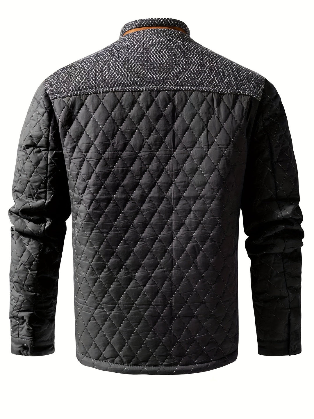 Men's Quilted Winter Jacket with Knitted Shoulder Insert and Stand-Up Collar