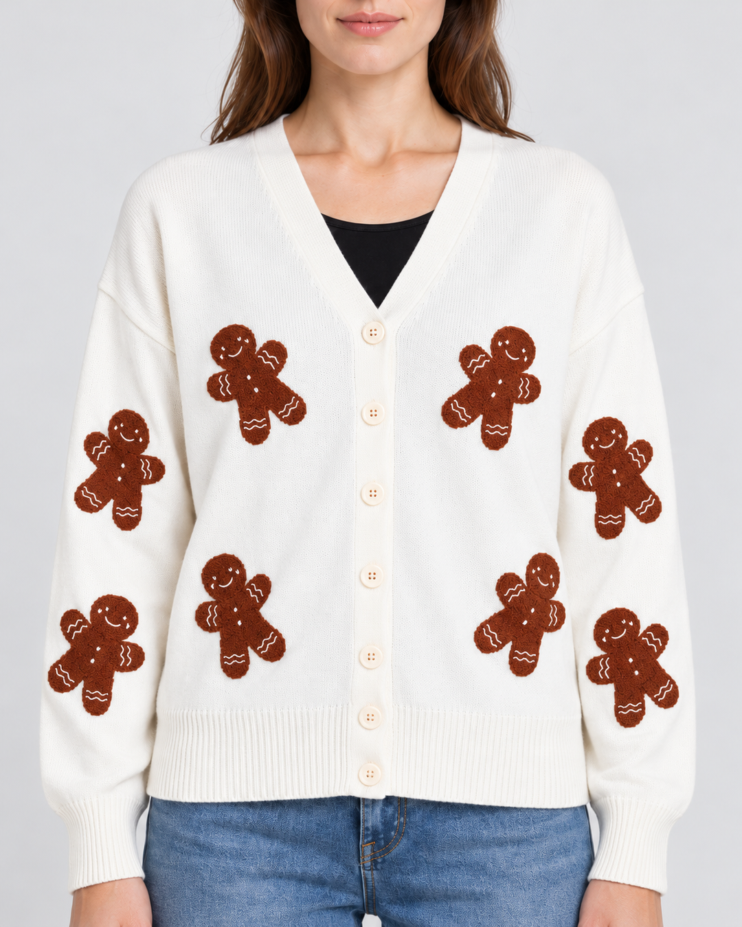 Gingerbread Button-Front Christmas Cardigan For Women