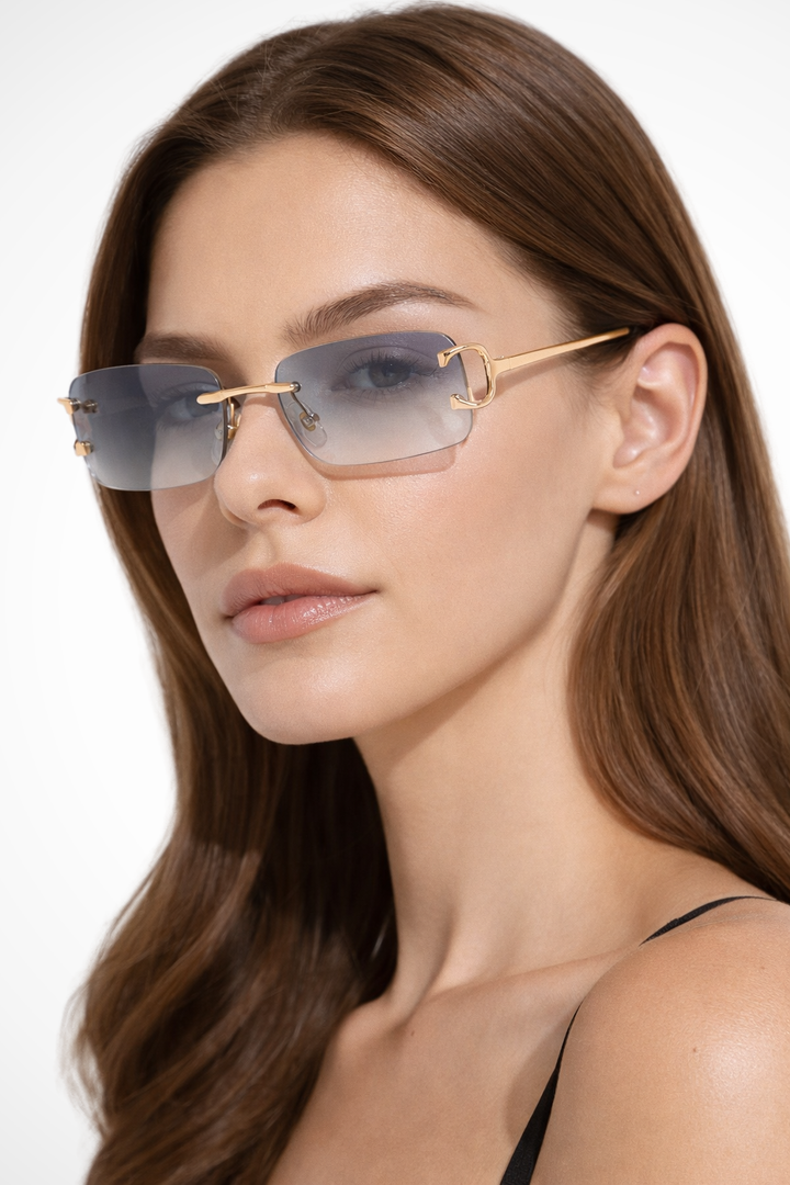 Women's Rimless Rectangle Tinted Gold Frame Sunglasses