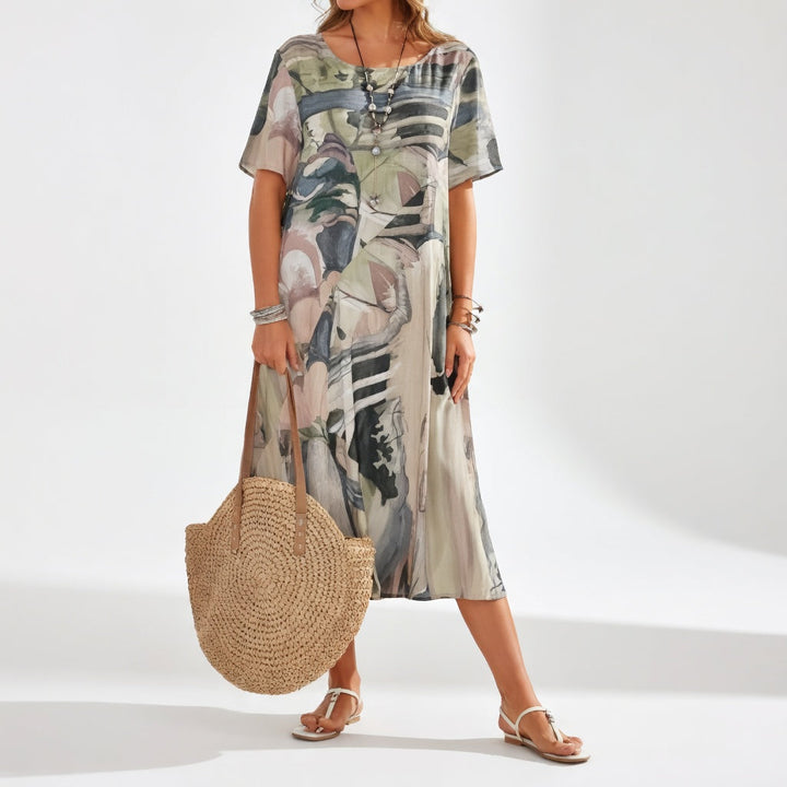 Flowy long dress with artistic print Summer bohemian elegance - Elena Harper
