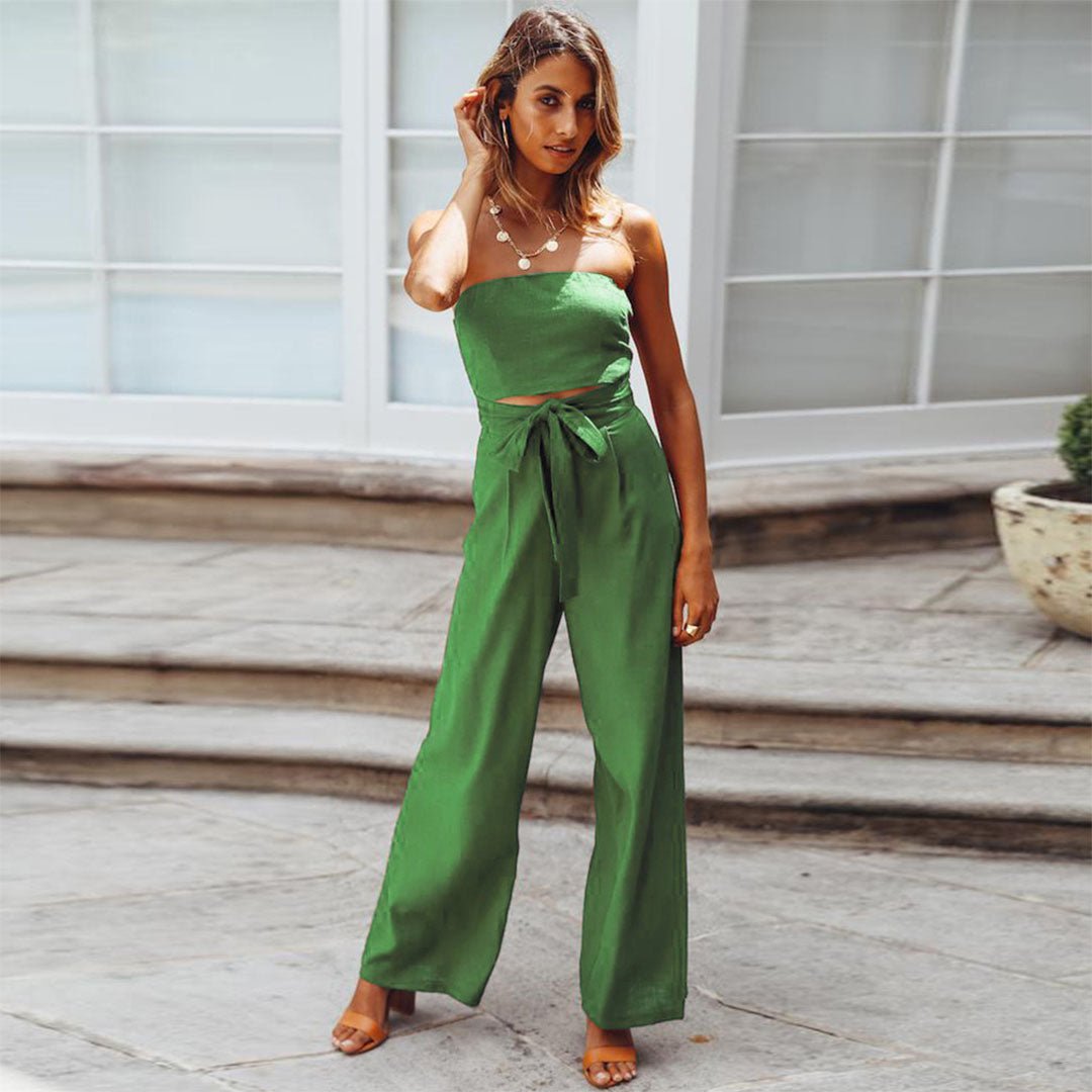 Women's Wide Leg Strapless Jumpsuit – Elegant Tied Waist