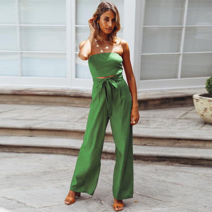 Women's Wide Leg Strapless Jumpsuit – Elegant Tied Waist