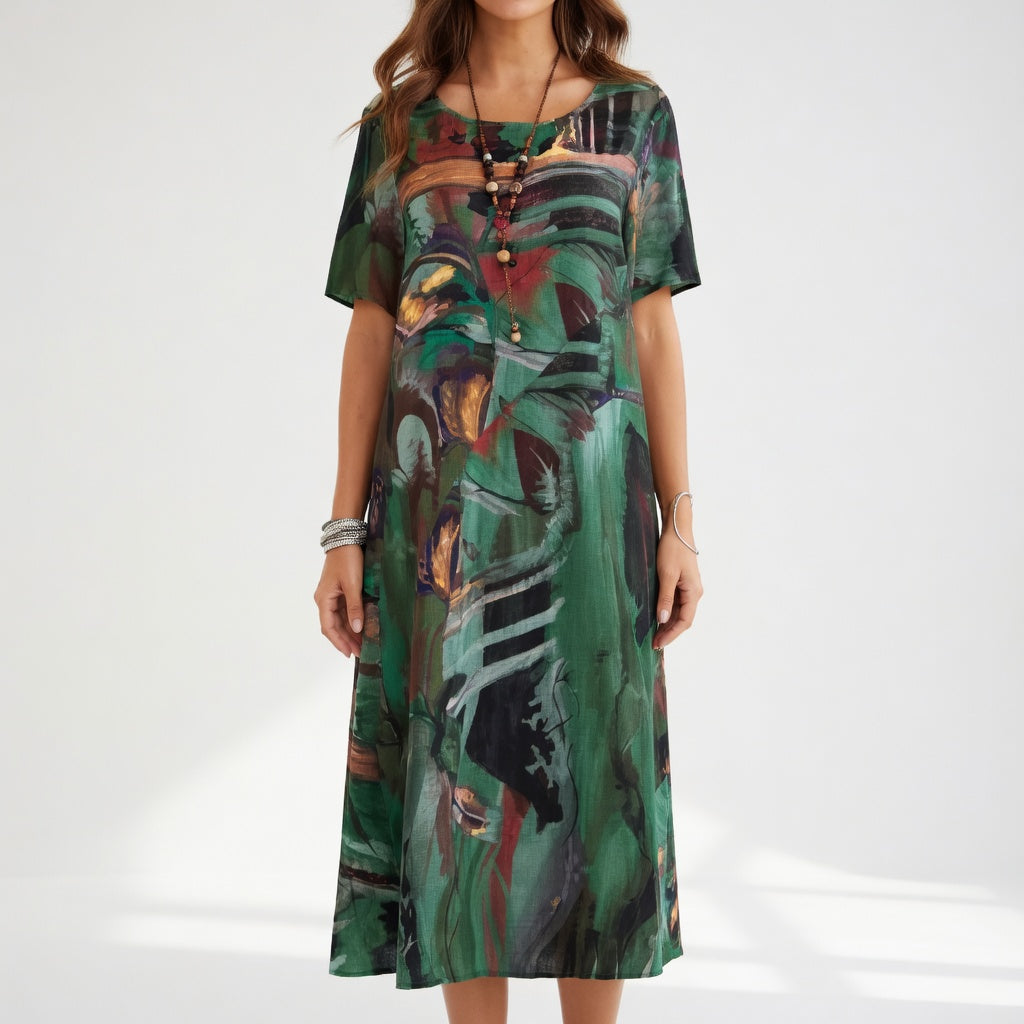 Long flowing dress with artistic print Summer bohemian elegance - Elena Harper