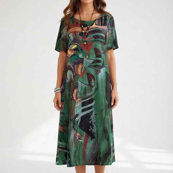 Flowy long dress with artistic print Summer bohemian elegance - Elena Harper