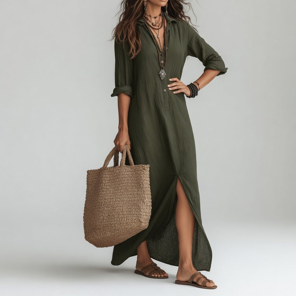 Oversized Bohemian Long Shirt Dress Pure Fluid and Timeless Cotton - Elena Harper