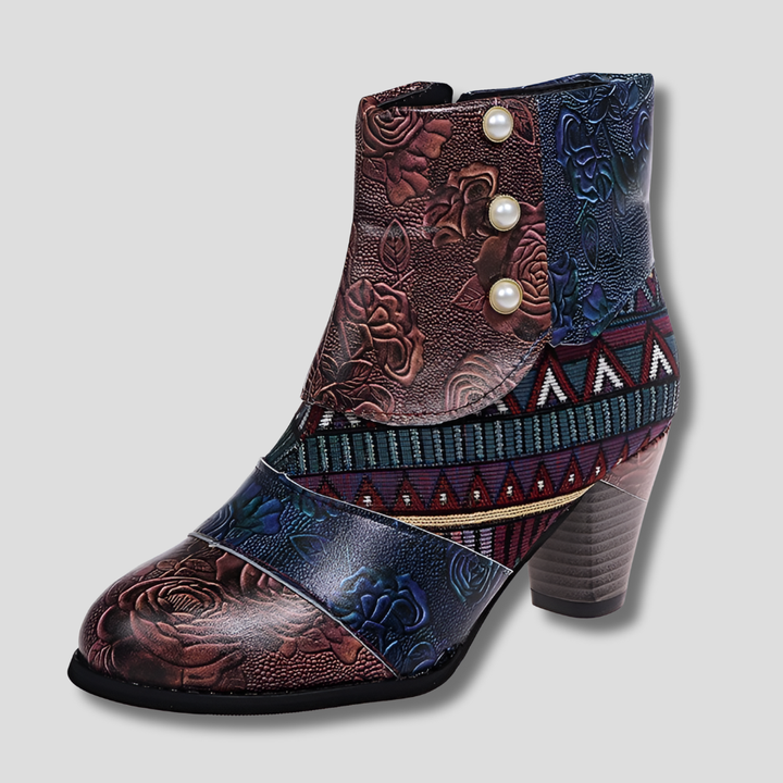Embossed Floral Leather with Chunky Heel and Vintage Charm, view 2 - Elena Harper