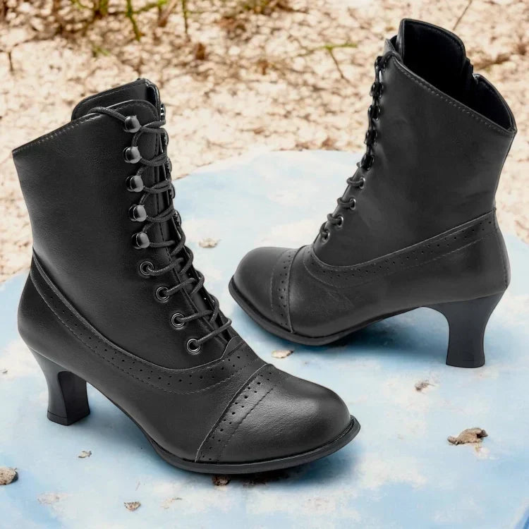 Women's Victorian Mid-Heel Lace-Up Boots with Zipper