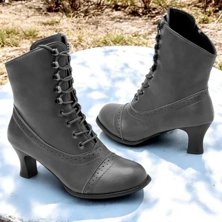 Women's Victorian Mid-Heel Lace-Up Boots with Zipper