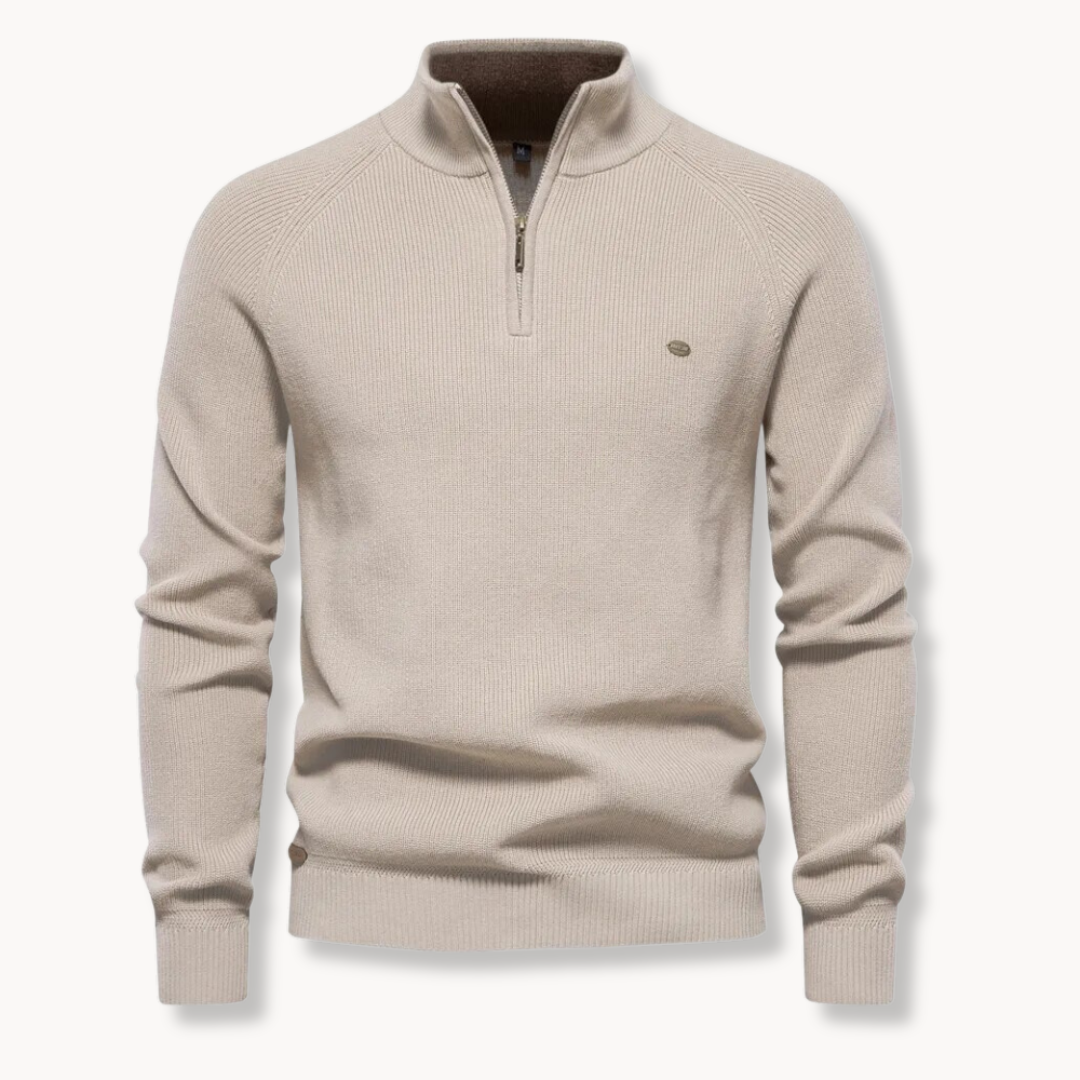 Men's Knitted Sweater Half Zip – Rib Texture, Slim Fit Turtleneck