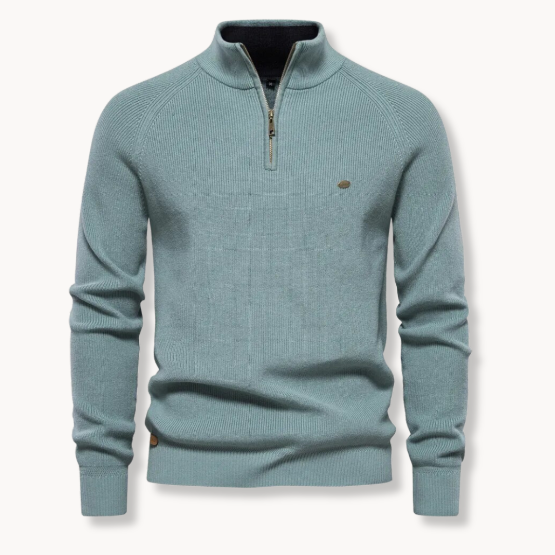 Men's Knitted Sweater Half Zip – Rib Texture, Slim Fit Turtleneck