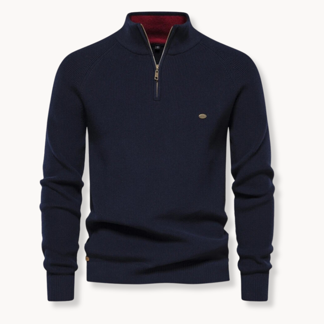 Men's Knitted Sweater Half Zip – Rib Texture, Slim Fit Turtleneck