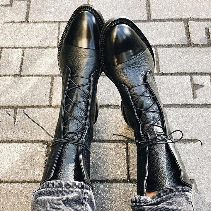 Women's Modern Lace-Up Boots – Black Leather, Casual Ankle Boots for Autumn and Winter