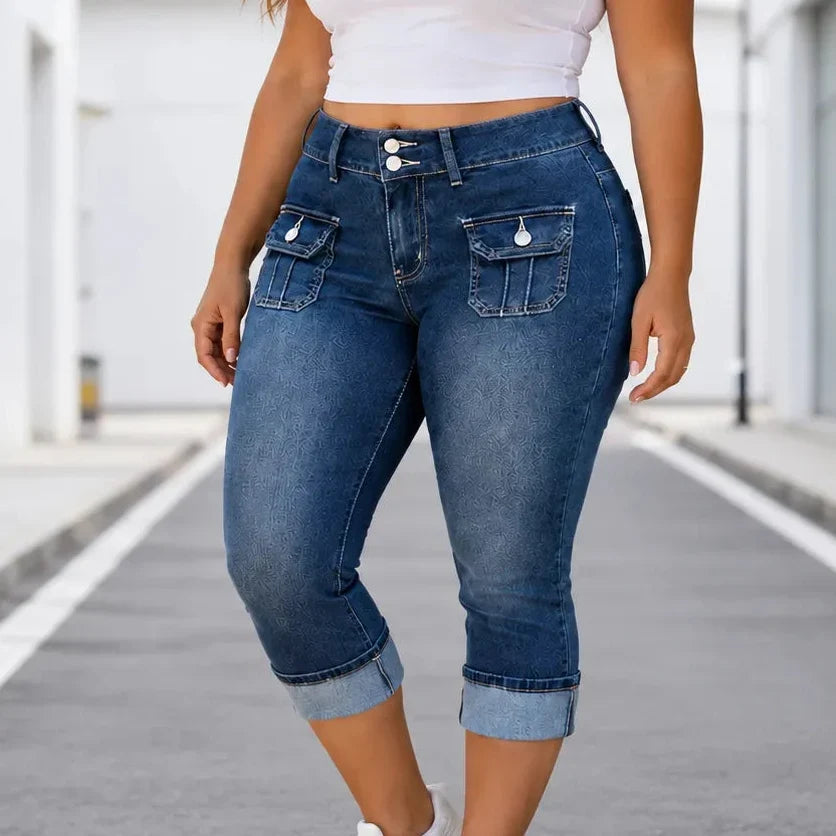 Curvella Curvy Fit Stretch Denim-like Capri Jeans, Mid Rise Cuffed Hem - Elena Harper