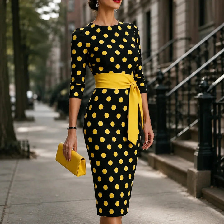 Belora Retro Polka Dot Midi Dress with Belted Waist - Elena Harper