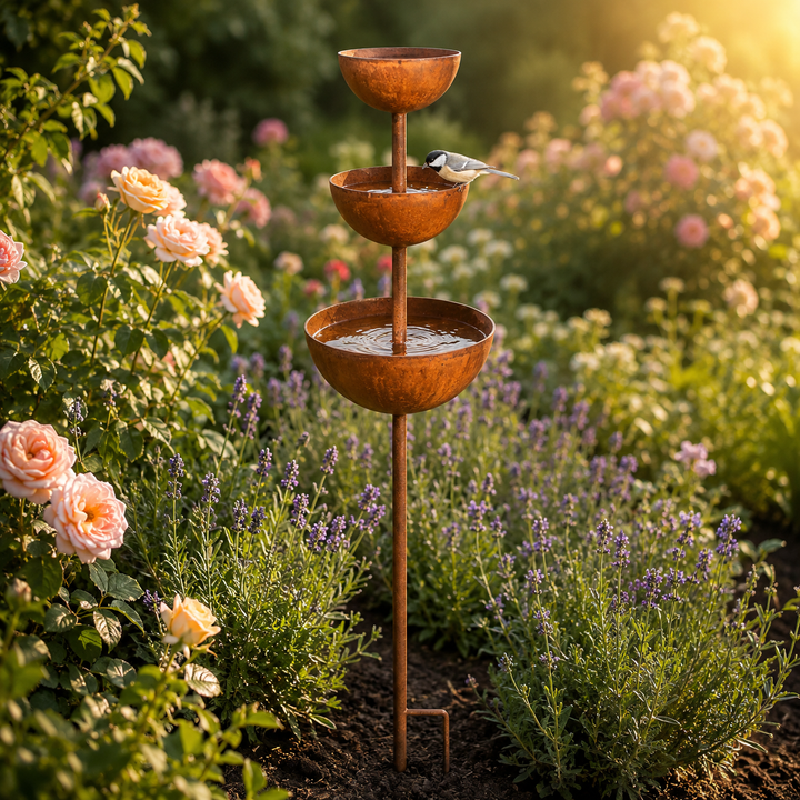 Birdwell – Rustic Iron Bird Bath Garden Stake with 3 Cascading Bowls